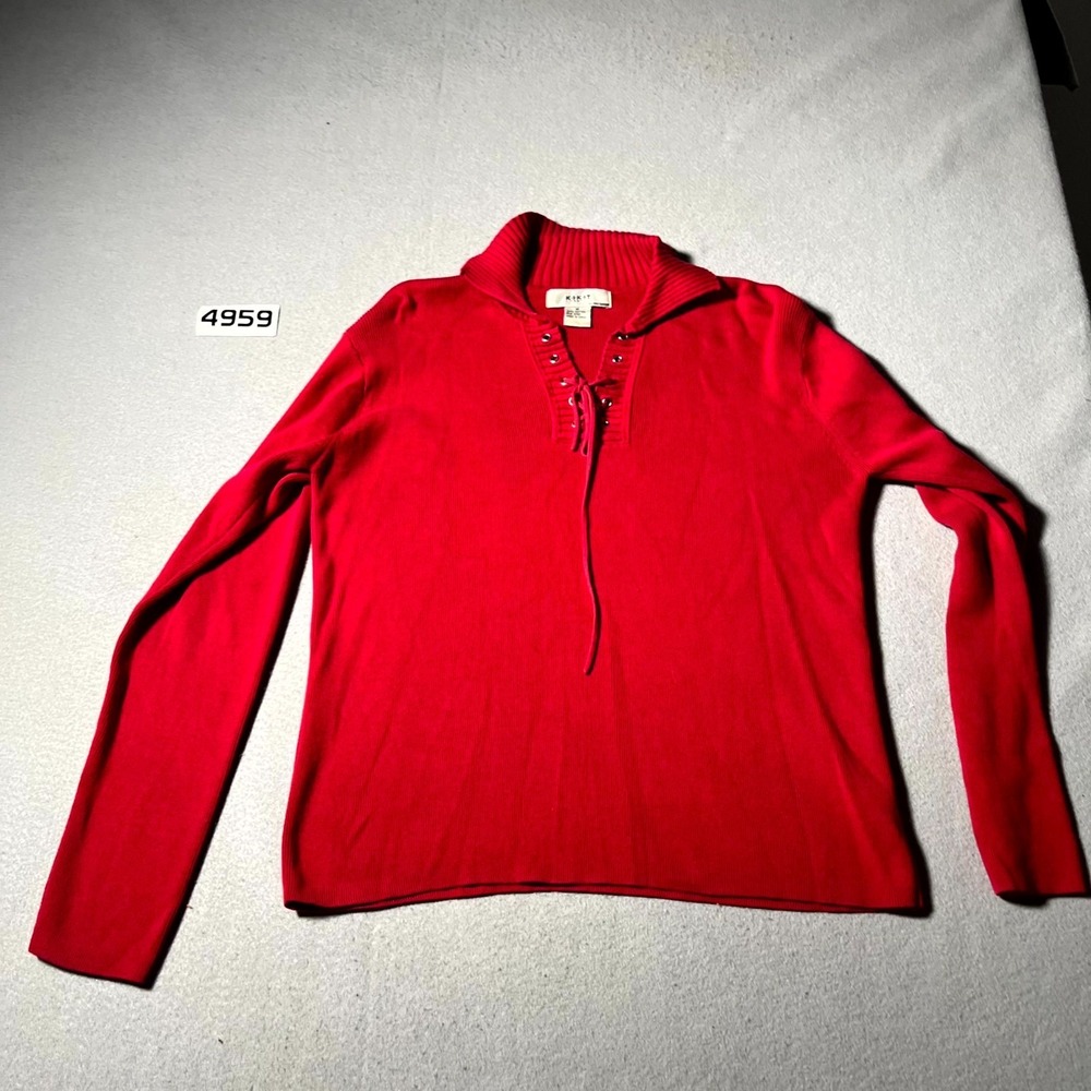 Kikit Life Style Sweater Womens Medium Red Cotton Tight Knit Ribbed Lace Up Neck